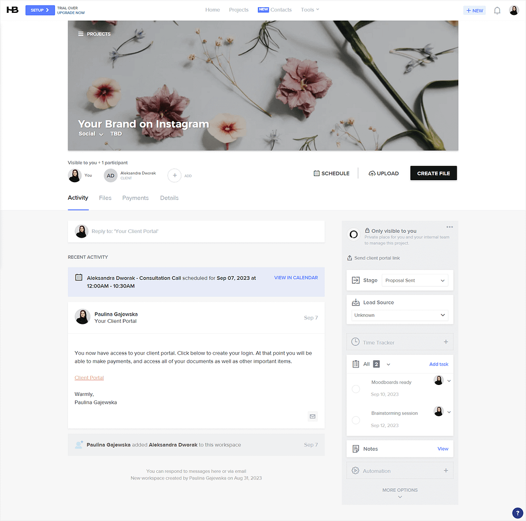 Screenshot of HoneyBook's project tab.