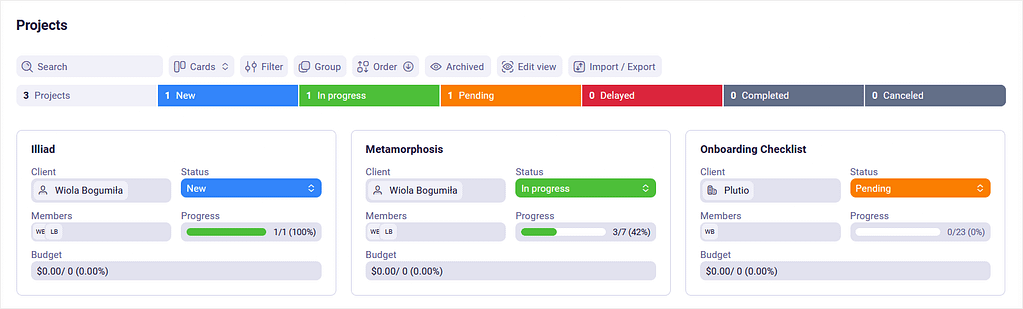 Screenshot of Plutio's project tab.