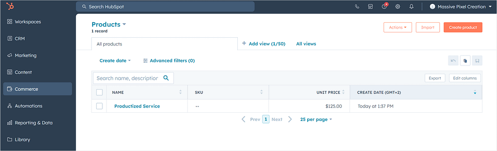 Screenshot of HubSpot's products.