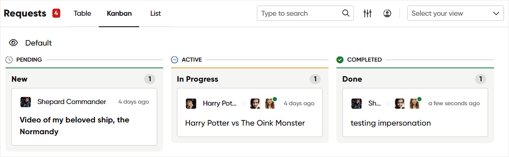 Viewing requests on a Kanban board in Zendo for easy request management
