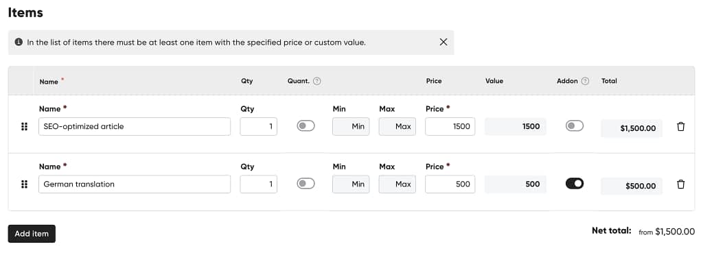 adding service items from user perspective