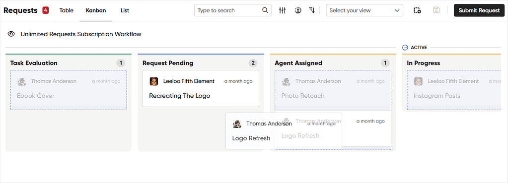 Moving requests across the Kanban board in Zendo