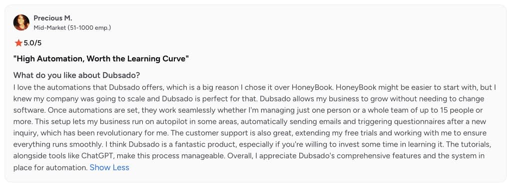 dubsado evaluated by user in comparison to honeybook