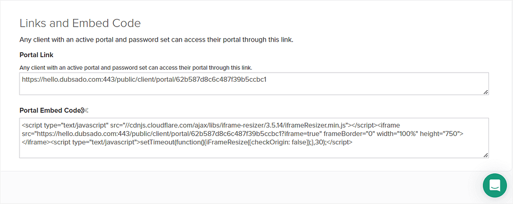 Sharing Dubsado's client portal through links and embed code