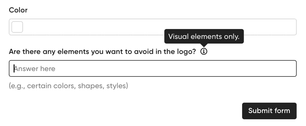 Example questions with a tooltip, placeholder text, and hint text