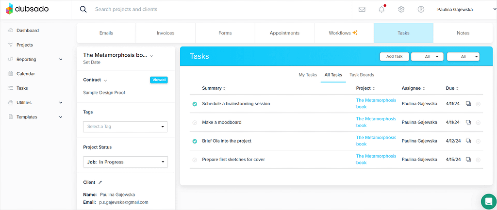 Screenshot of Dubsado's tasks.