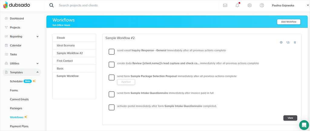 Screenshot of Dubsado's workflows.
