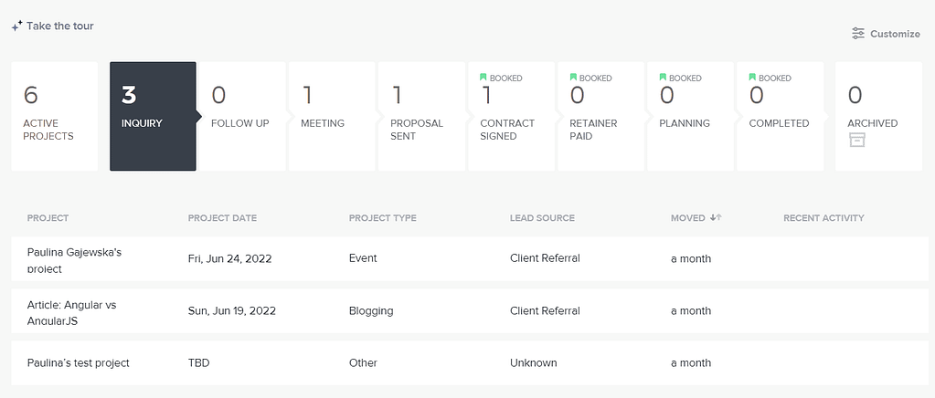Screenshot of HoneyBook's project management subpage.