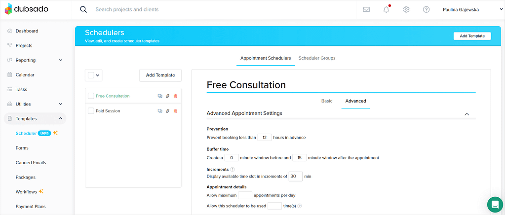 Screenshot of Dubsado's booking options.