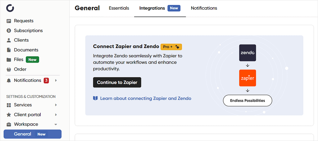 Find the Zapier integration under Workspace > General > Integrations.