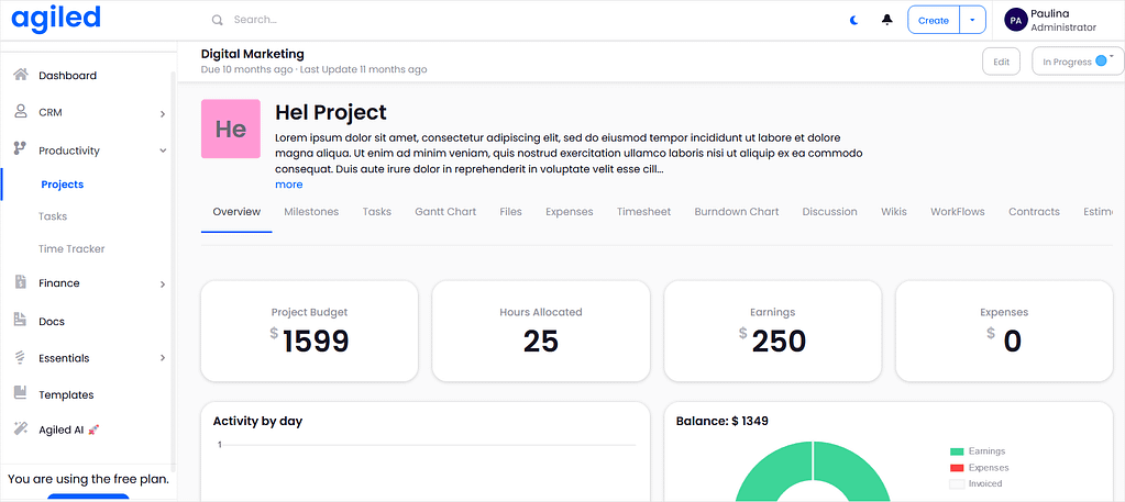 Screenshot of Agiled's project tab.