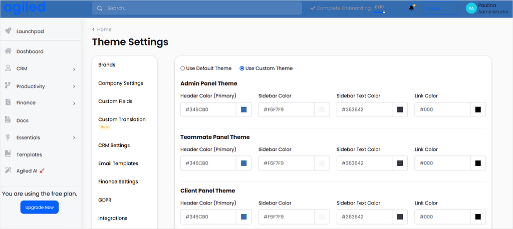 Screenshot of Agiled's theme settings.