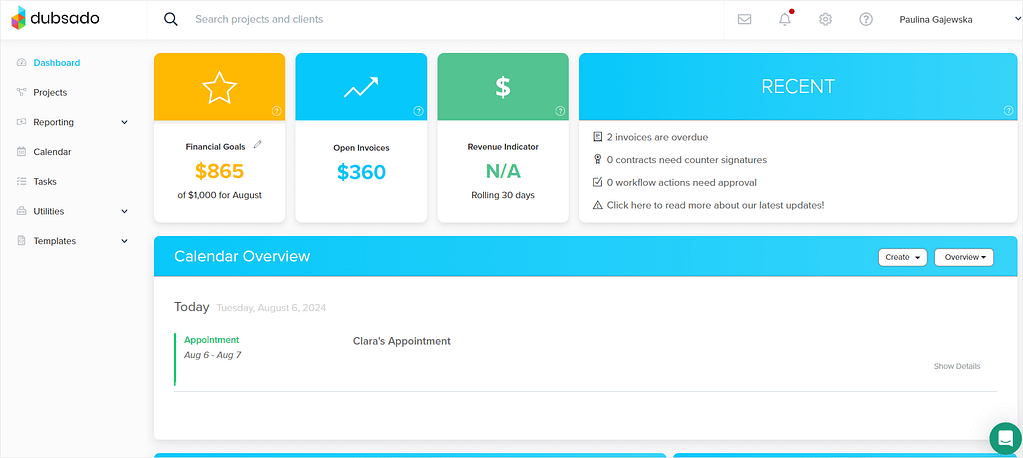 SuiteDash vs Dubsado: screenshot of Dubsado's dashboard