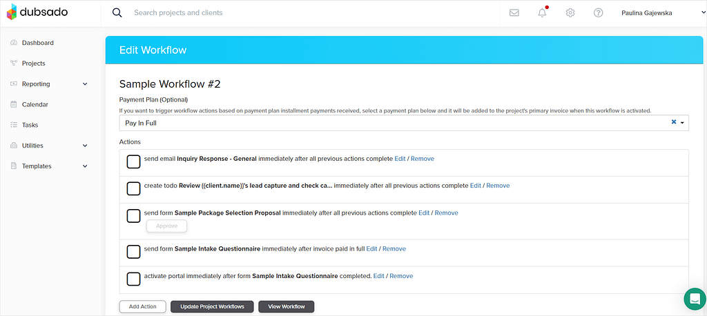 SuiteDash vs Dubsado: screenshot of Dubsado's workflow