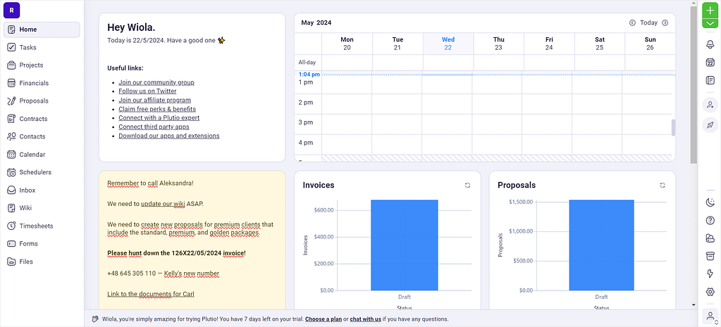 Screenshot of Plutio's dashboard.