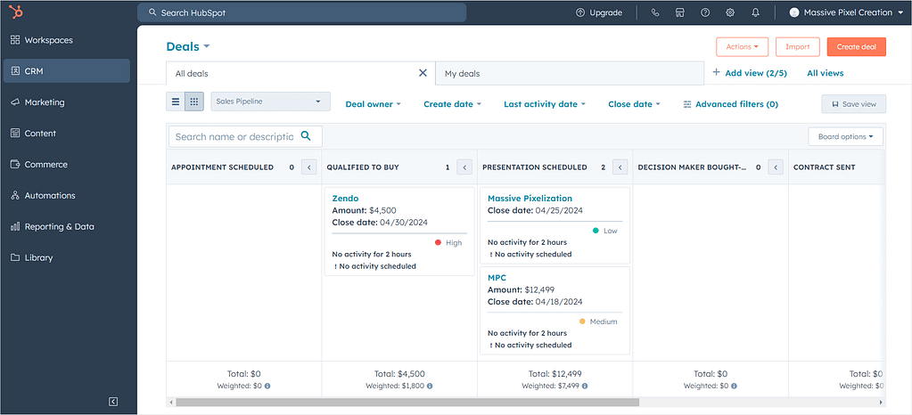 Screenshot of HubSpot's deals.
