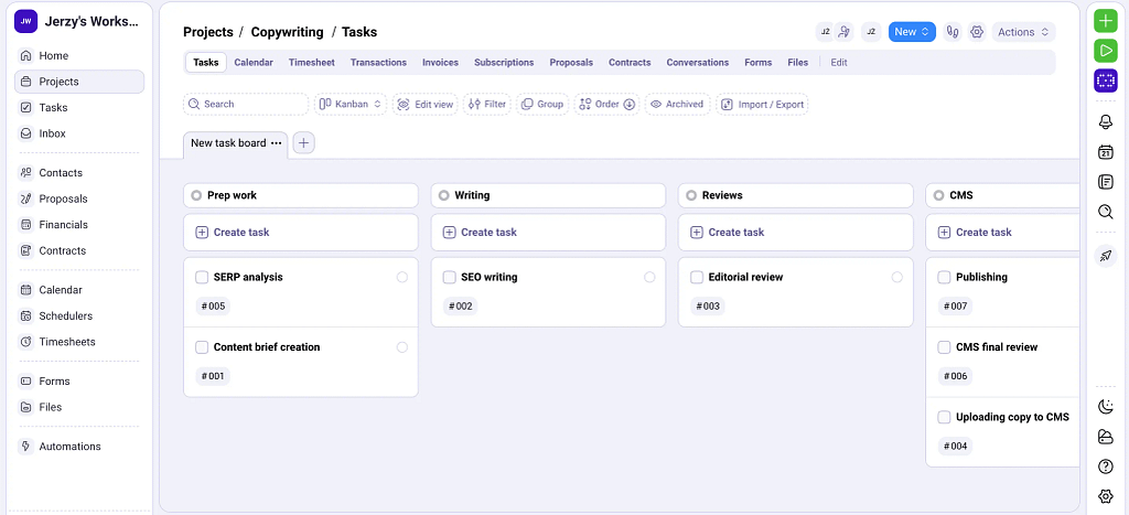 A screenshot from Plutio showing the "Projects" tab with various tasks.