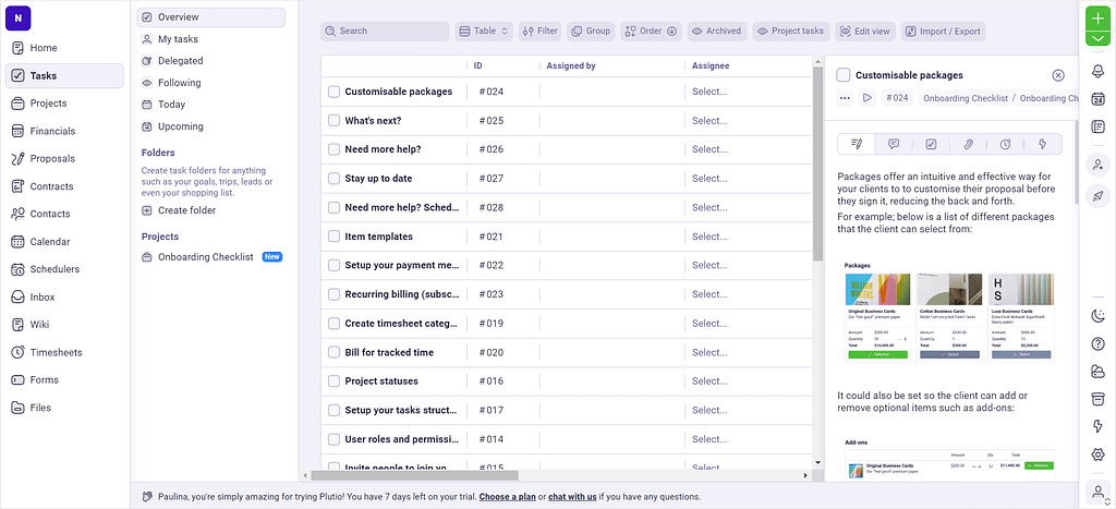 Screenshot of Plutio's tasks.