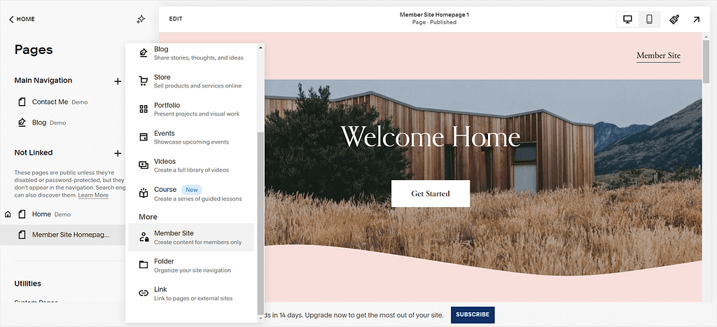 Screenshot of Squarespace's Member Site feature.