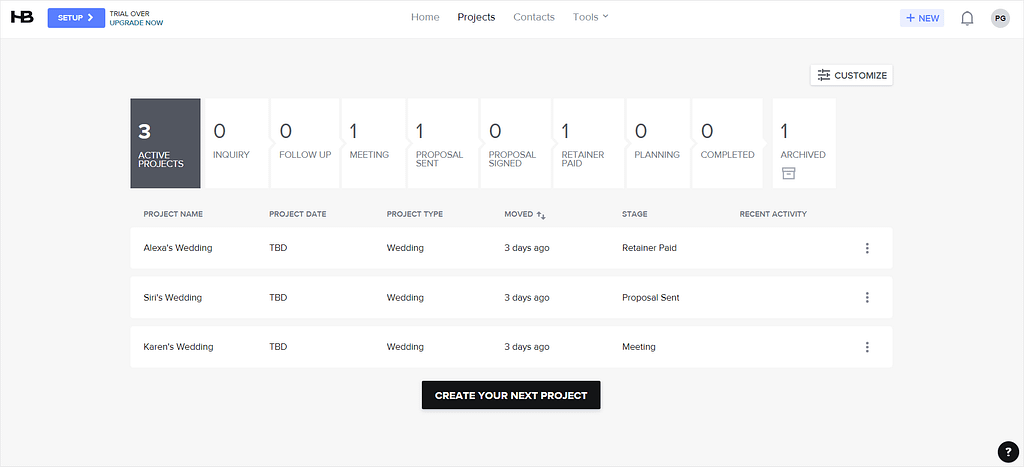 Screenshot of HoneyBook's pipeline.
