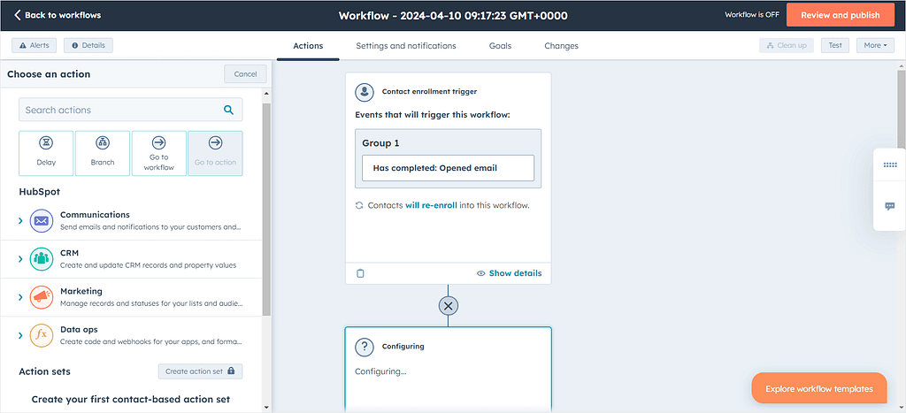 Screenshot of HubSpot's workflow editor.
