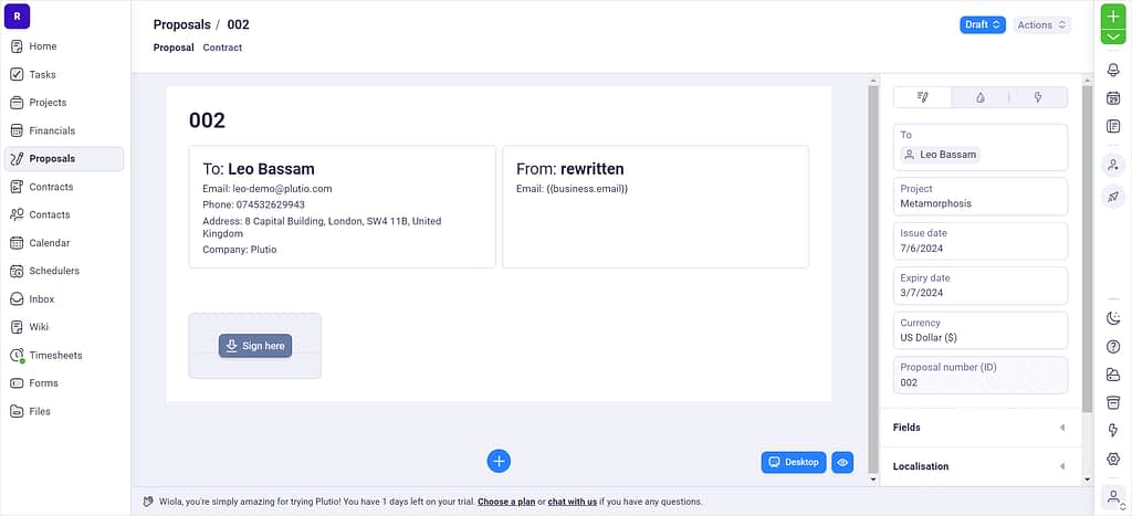 Screenshot of Plutio's proposal builder.