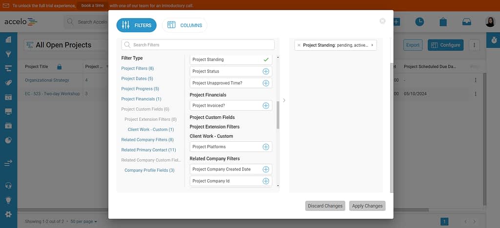 Screenshot of Accelo's filtering options.
