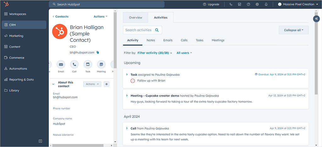 Screenshot of HubSpot's page with a client.