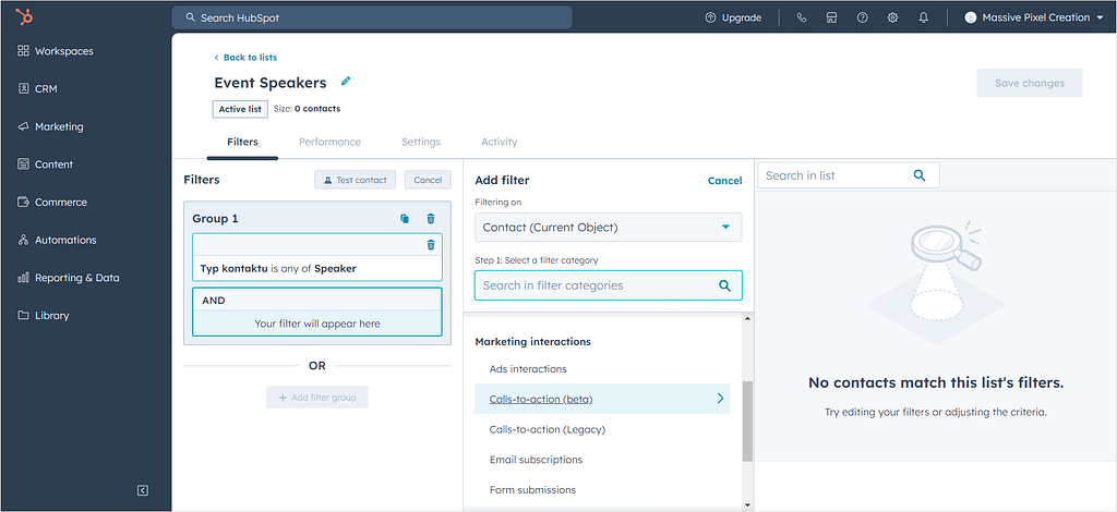 Screenshot of HubSpot's client list.