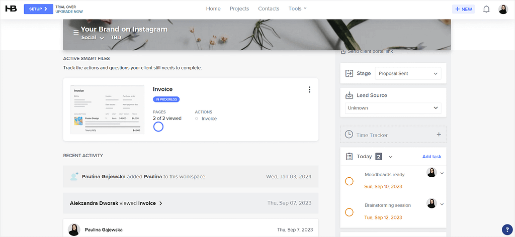 Screenshot of a project management software, HoneyBook.