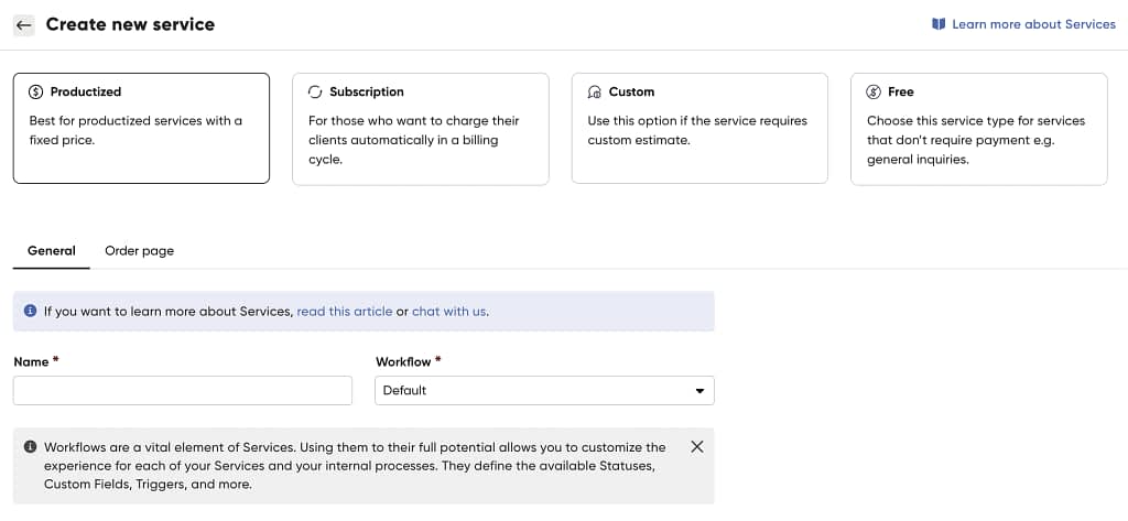 creating new service in customer portal software