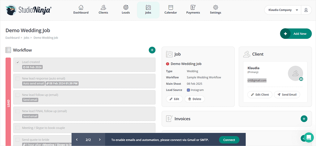 A screenshot of Studio Ninja, a project management software for photographers.