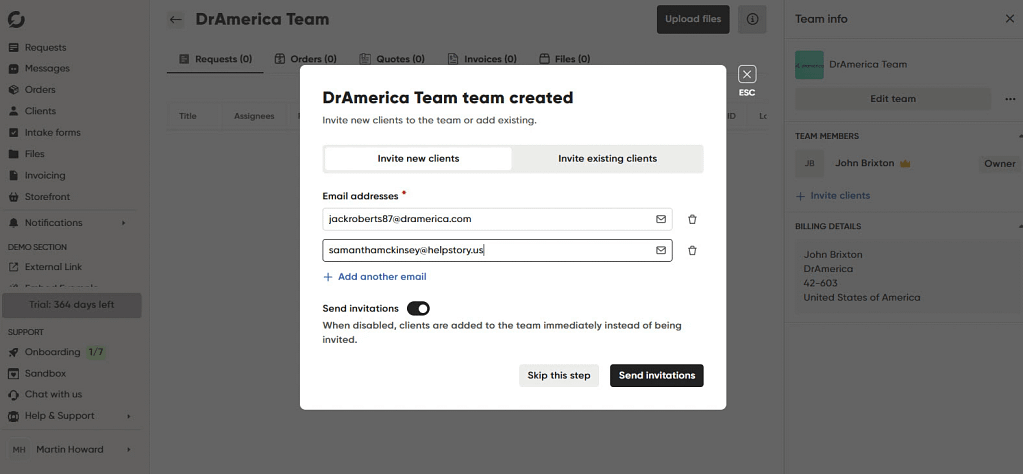 iviting client to team