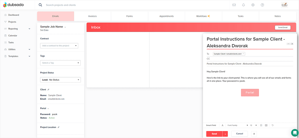 Premade email template for sharing Dubsado's client portal with clients