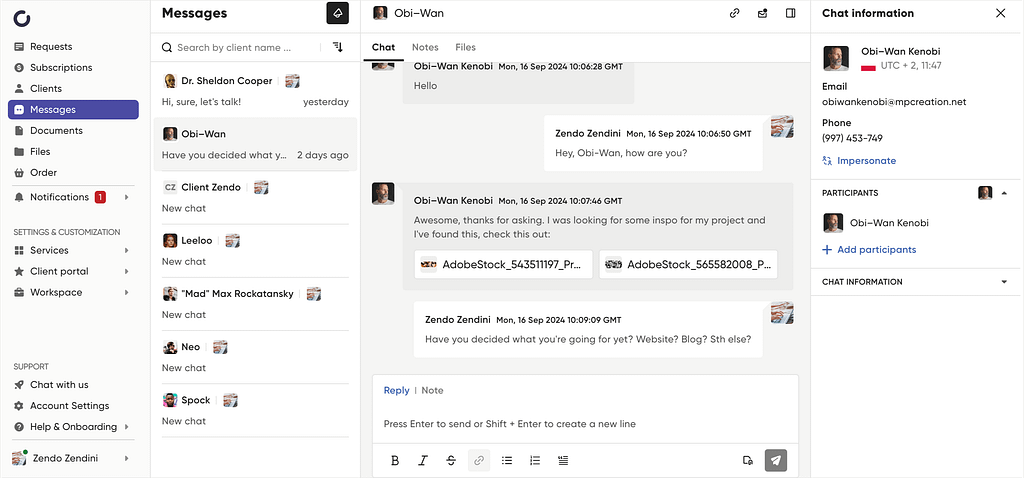 screenshot showing zendo messages feature
