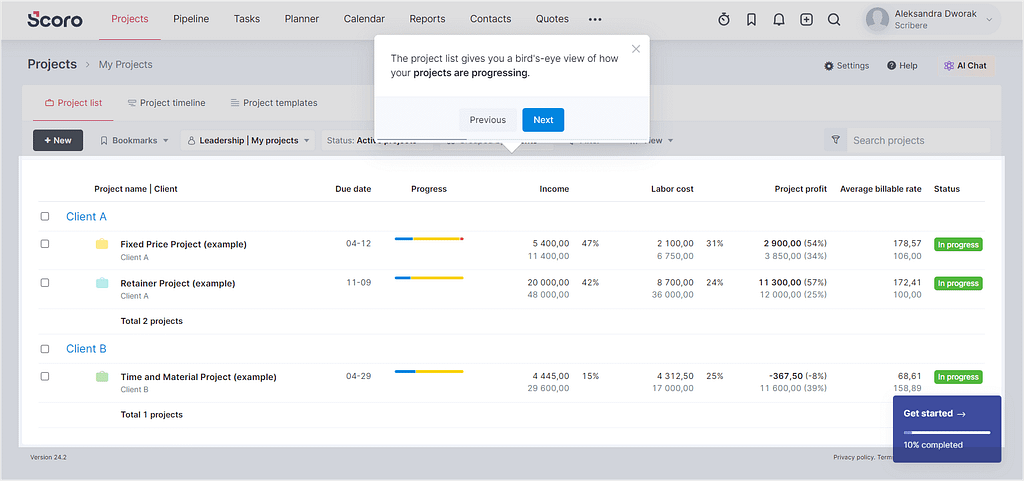 Scoro's cue-led onboarding process example