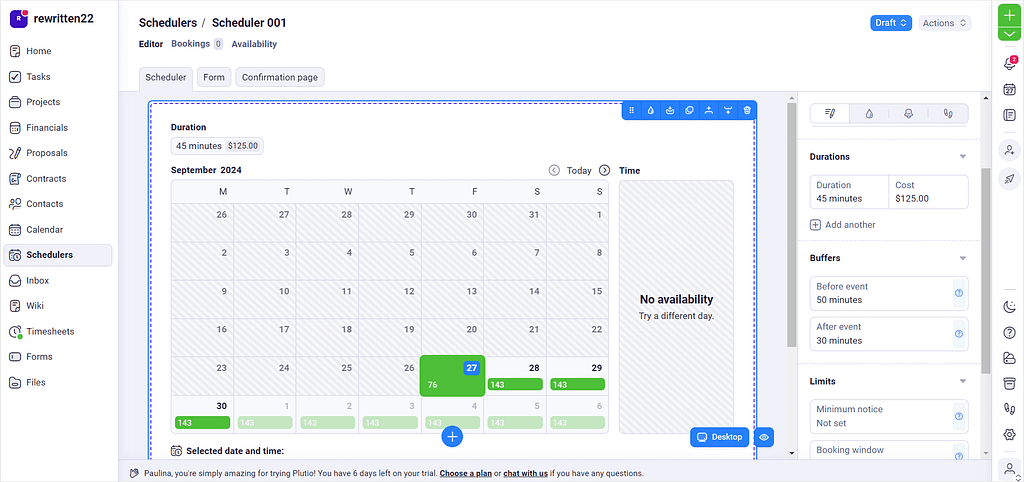 Plutio vs Flowlu: screenshot of Plutio's scheduler.
