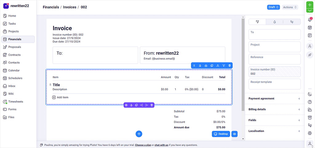Plutio vs Flowlu: screenshot of Plutio's invoice page.