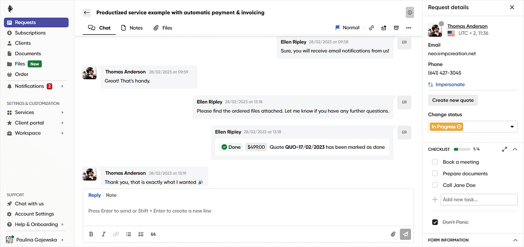 SuiteDash vs Dubsado: screenshot of a Zendo's request
