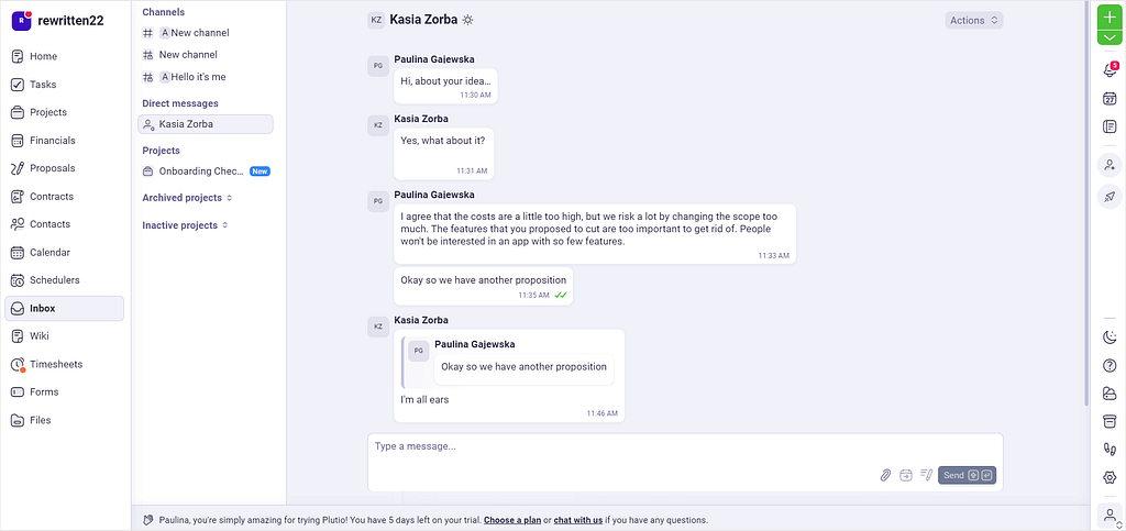 Plutio vs Flowlu: screenshot of Plutio's inbox.