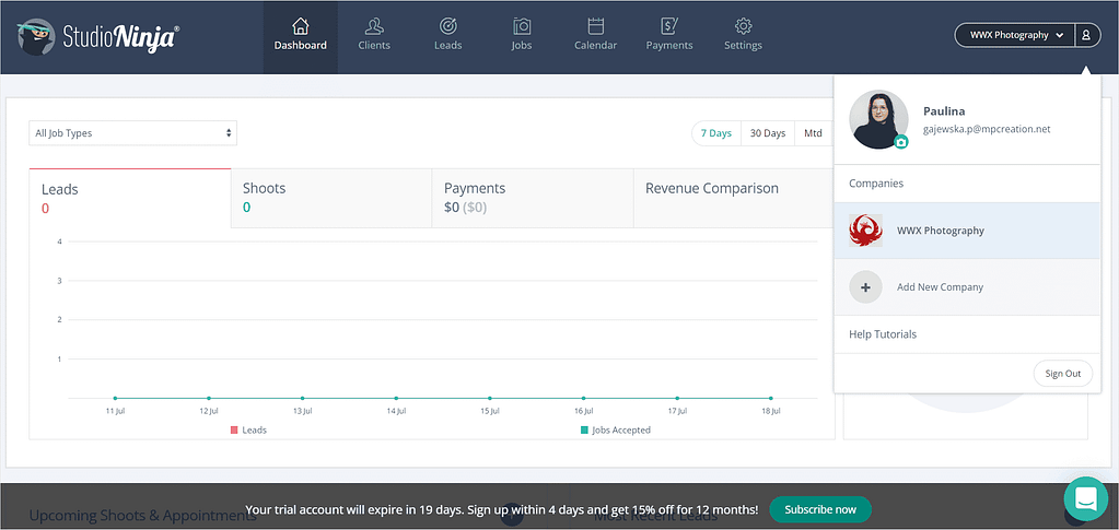 Screenshot of Studio Ninja's main dashboard.