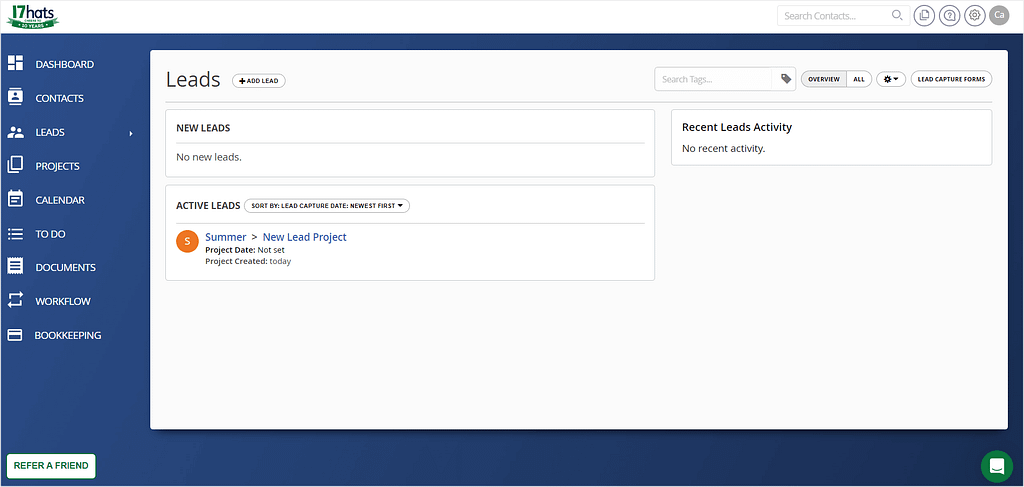 Leads tab in 17hats that categorizes our leads into new and active ones