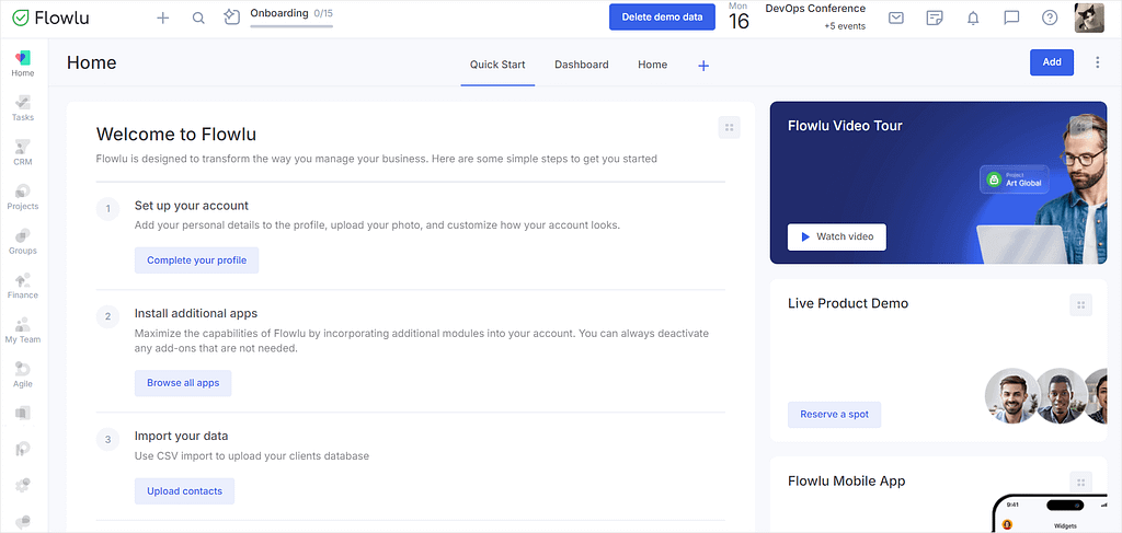 Plutio vs Flowlu: screenshot of Flowlu's dashboard.
