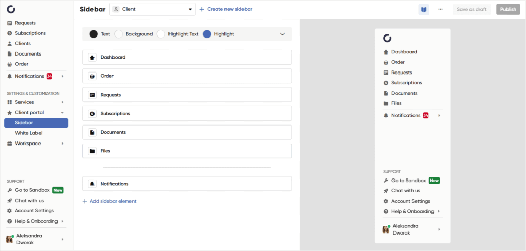 screenshot showing zendo client portal sidebar