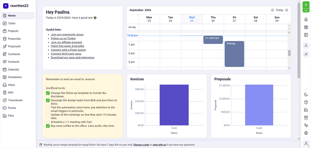 Plutio vs Flowlu: screenshot of Plutio's dashboard.
