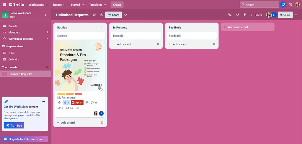 Example Kanban board in Trello