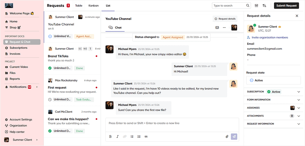 Chatting in a request submitted in Zendo's client portal