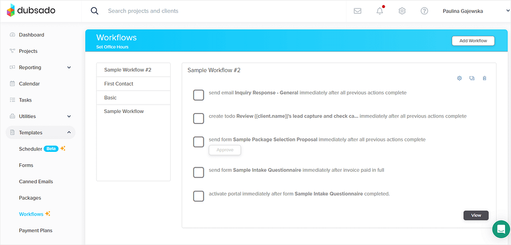 Screenshot of Dubsado's workflows.