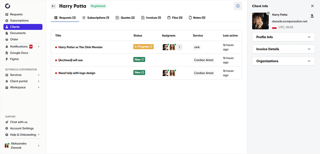 Example client profile in Zendo's client portal