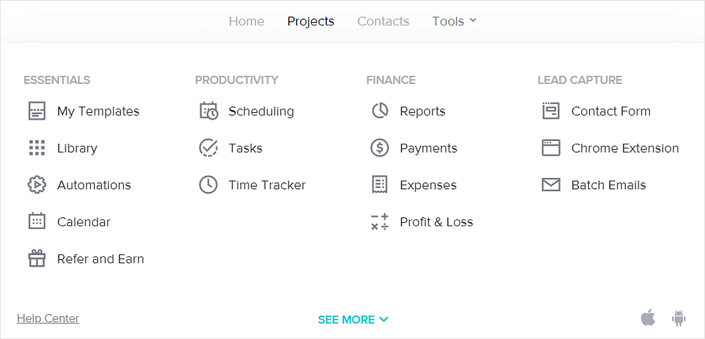 Screenshot of HoneyBook's Tools menu.